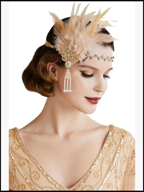 Art Deco Feather Headband with Pearl Tassels Gold Crystal Embellished Adjustable